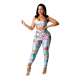 Blue Halter Low-Cut V-Neck Printed Bodycons Sexy Jumpsuit