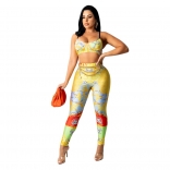 Yellow Halter Low-Cut V-Neck Printed Bodycons Sexy Jumpsuit