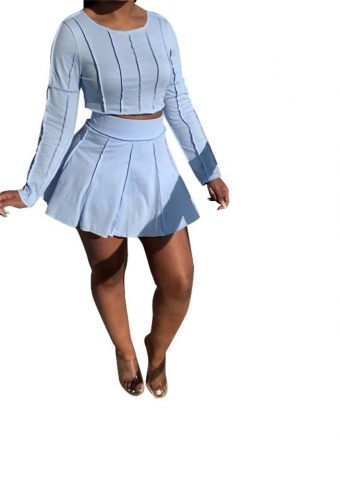 Blue Long Sleeve O-Neck 2PCS Women Skirt Dress
