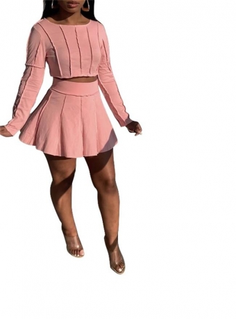Pink Long Sleeve O-Neck 2PCS Women Skirt Dress