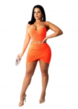 Orange Halter Low-Cut Sleeveless 2PCS Rhinestone Sexy Mini Dress