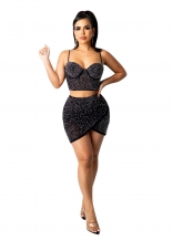 Black Halter Low-Cut Sleeveless 2PCS Rhinestone Sexy Mini Dress