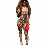 Leopard Long Sleeve Printed Women 2PCS Sexy Jumpsuit