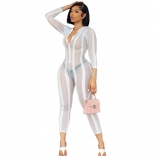 White Long Sleeve V-Neck Zipper Nets Hollow-out Sexy Clubwear
