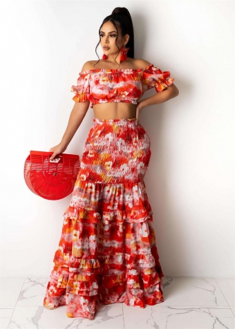 Red Off-Shoulder Short-Sleeve 2PCS Women Printed Maxi Dress