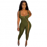 Green Halter Low-Cut Lace-up Bandage Women Sexy Jumpsuit