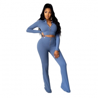 Blue Long Sleeve Zipper V-Neck 2PCS Women Fashion Jumpsuit