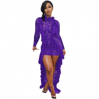 Purple Long Sleeve Foral Lace Hollow-out Sexy Maxi Dress