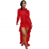 Red Long Sleeve Foral Lace Hollow-out Sexy Maxi Dress