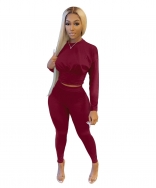 WineRed Long Sleeve O-Neck Bodycons 2PCS Sexy Jumpsuit