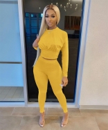 Yellow Long Sleeve O-Neck Bodycons 2PCS Sexy Jumpsuit