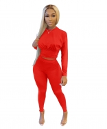 Red Long Sleeve O-Neck Bodycons 2PCS Sexy Jumpsuit