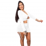 White Long Sleeve Deep V-Neck 2PCS Bandage Women Mini Dress