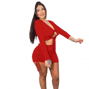 Red Long Sleeve Deep V-Neck 2PCS Bandage Women Mini Dress