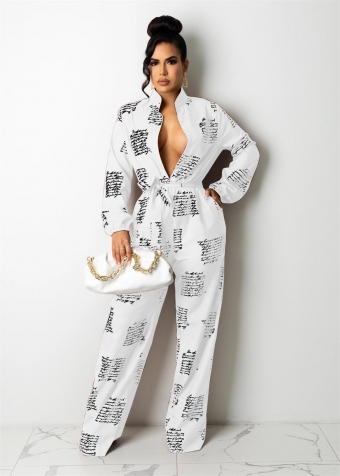 White Long Sleeve Button Printed Women Fashion Jumpsuit