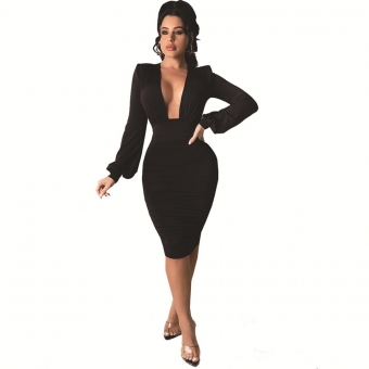 Black Long Sleeve Deep V-Neck Women Bodycons Sexy Midi OL Dress