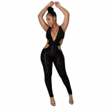 Black Sleeveless Mesh Printed Hollow-out Sexy Jumpsuit