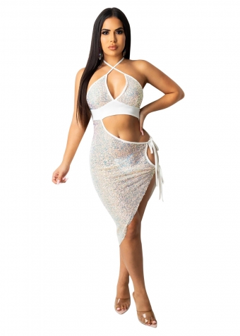 White Sleeveless Halter V-Neck Sequins Sexy Mini Dress