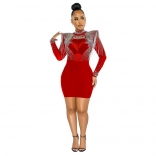 Red Long Sleeve Mesh Rhinestone Bodycons Mini Dress