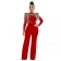 Red Long Sleeve Mesh Rhinestone Tassels Women Jumpsuit