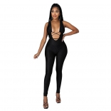 Black Sleeveless Halter Deep V-Neck Printed Bodycons Sexy Jumpsuit