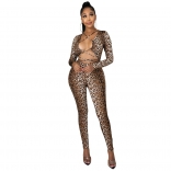 Khaki Long Sleeve Hollow-out Printed Leopard Sexy Jumpsuit