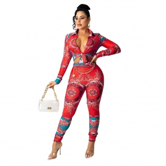 Red Long Sleeve V-Neck Printed Bodycons Women Sexy Jumpsuit
