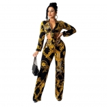 Black Long Sleeve V-Neck Hollow-out Women Printed Jumpsuit
