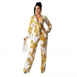 Yellow Long Sleeve V-Neck Hollow-out Women Printed Jumpsuit