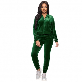 Green Long Sleeve V-Neck Zipper Velvet Women Catsuit Dress