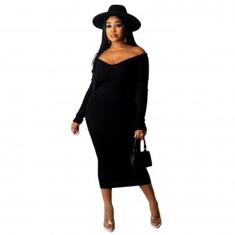 Black Long Sleeve V-Neck Cotton Women Fashion Dress