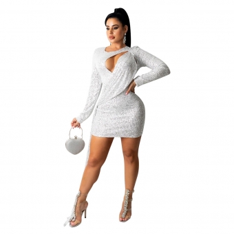 White Long Sleeve Deep V-Neck Sequins Women Bodycons Dress