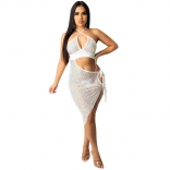 White Sleeveless Halter V-Neck Hollow-out Sequins Sexy Party Dress