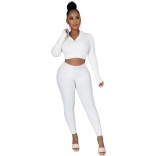 White Long Sleeve V-Neck Cotton Bodycons Sexy Jumpsuit