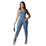 Blue Sleeveless Low-Cut Sexy Jeans Women Sexy Jumpsuit
