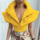 Yellow Deep V-Neck Scuba Knitting Buttom Fashion Tops