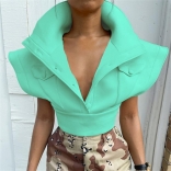 Green Deep V-Neck Scuba Knitting Buttom Fashion Tops