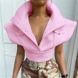 Pink Deep V-Neck Scuba Knitting Buttom Fashion Tops