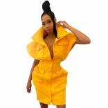 Yellow Deep V-Neck Buttom Scuba Knitting Women Mini Dress