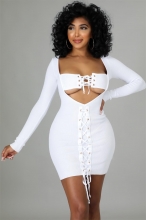 White Long Sleeve Deep V-Neck Lace-up Bandage Mini Dress