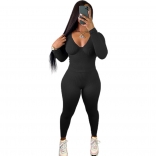 Black Long Sleeve V-Neck Bodycons Women Sexy Jumpsuit