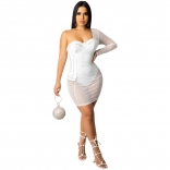 White One-Sleeve Mesh Sexy Rhinestones Bodycons Mini Dress