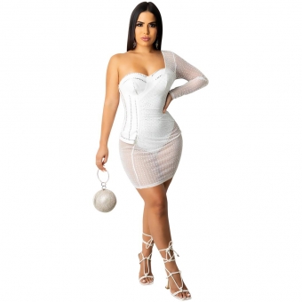 White One-Sleeve Mesh Sexy Rhinestones Bodycons Mini Dress
