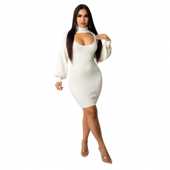 White Long Sleeve Halter Low-Cut Cotton Bodycons Mini Dress