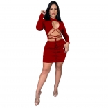 Red Long Sleeve V-Neck Bandage Sexy Hollow-out Mini Dress