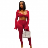 Red Long Sleeve Short Tops with Bra 3PCS Women Sexy Jumpsuit
