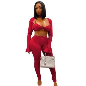 Red Long Sleeve Short Tops with Bra 3PCS Women Sexy Jumpsuit