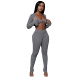 Grey Long Sleeve Short Tops with Bra 3PCS Women Sexy Jumpsuit