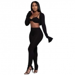 Black Long Sleeve Short Tops with Bra 3PCS Women Sexy Jumpsuit