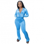 Blue Long Sleeve Zipper V-Neck Velvet Women Hoody Dress